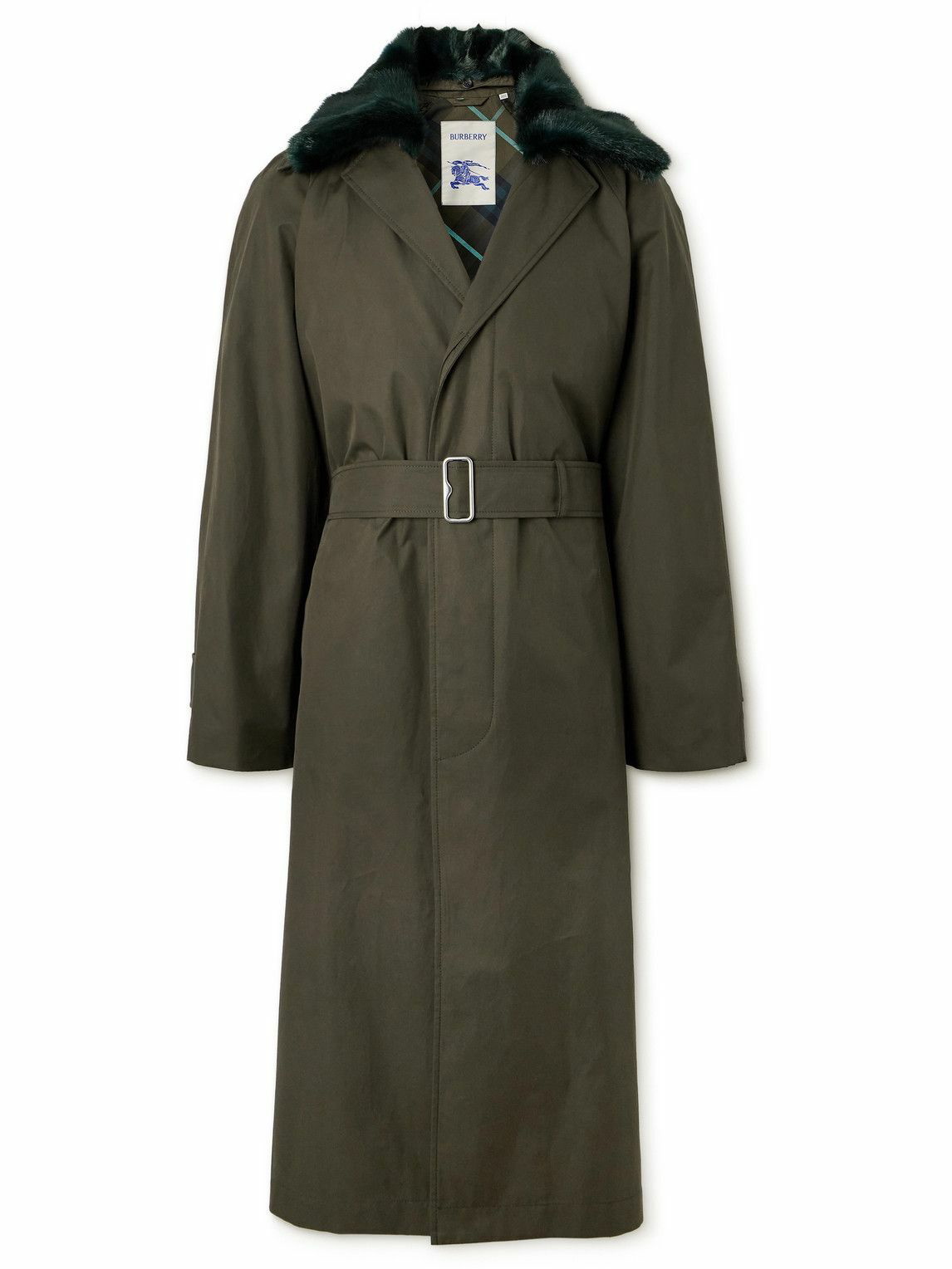 Photo: Burberry - Faux Fur-Trimmed Belted Cotton-Gabardine Car Coat - Green
