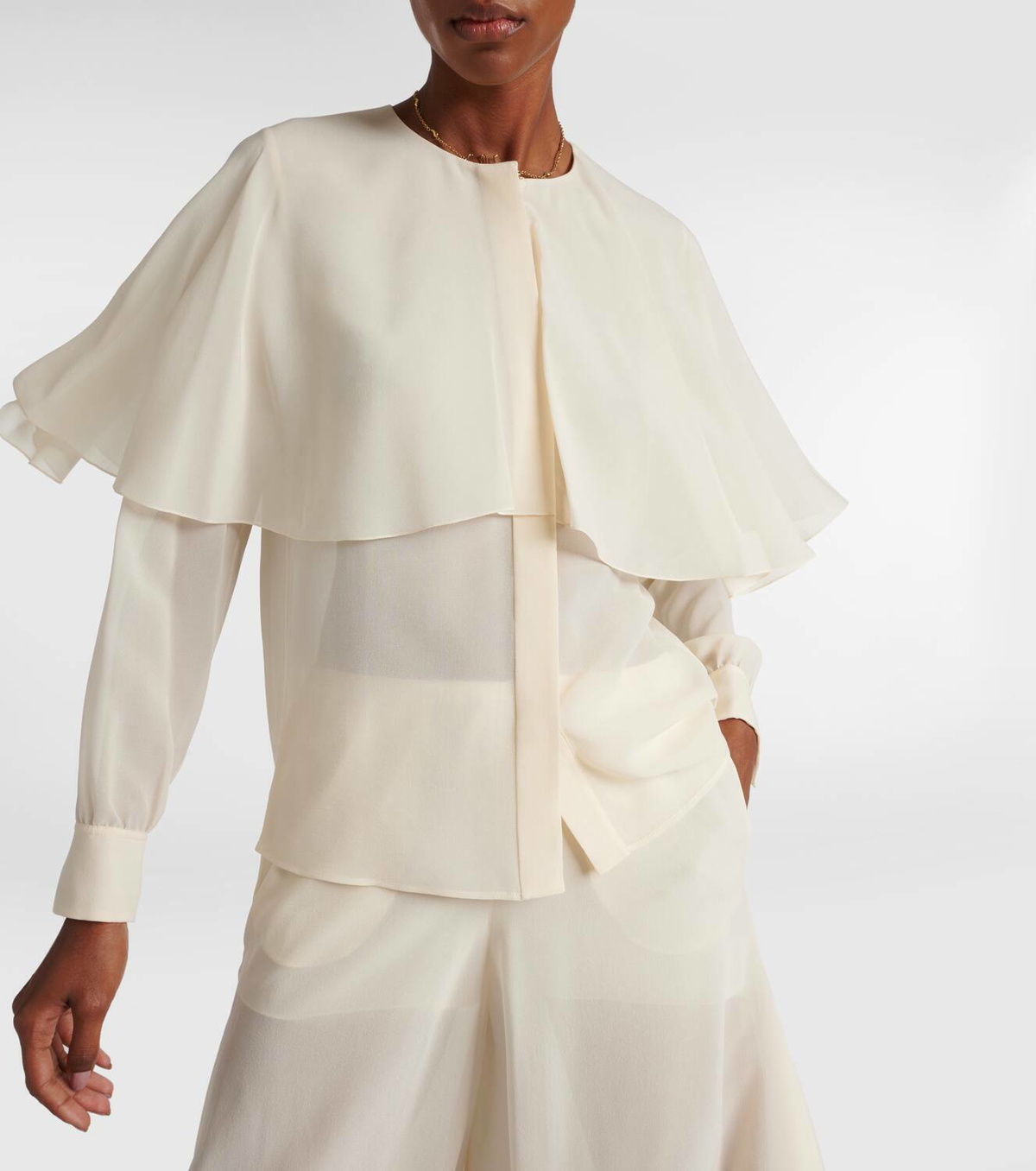 Chloe silk Logo embroidered pocket crew neck sheer shirt blouse CHC22SHT2300411534 Ivory 34 main image 0