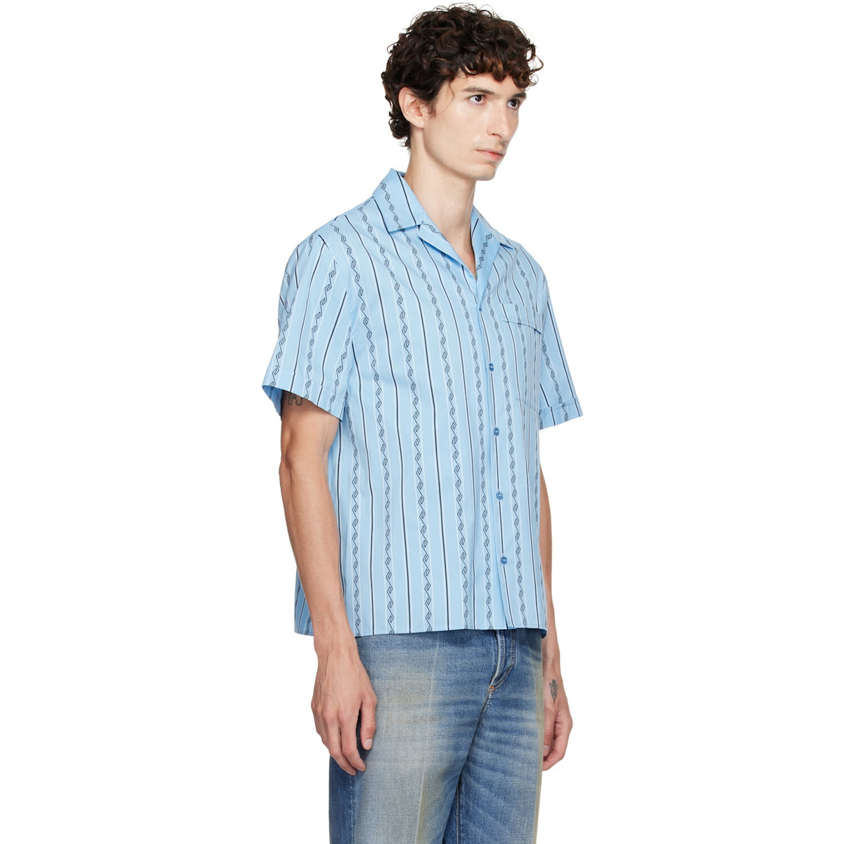 Versace Blue Jacquard Cotton-Silk Regular Shirt