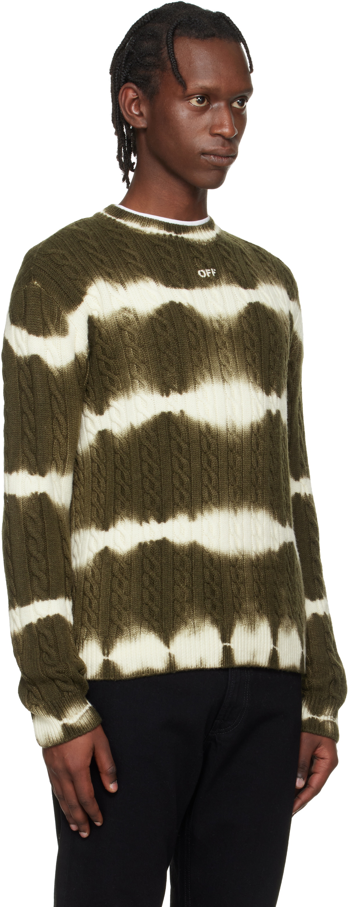 Off-White Khaki & White Off Stamp Cable Knit Crewneck Sweater
