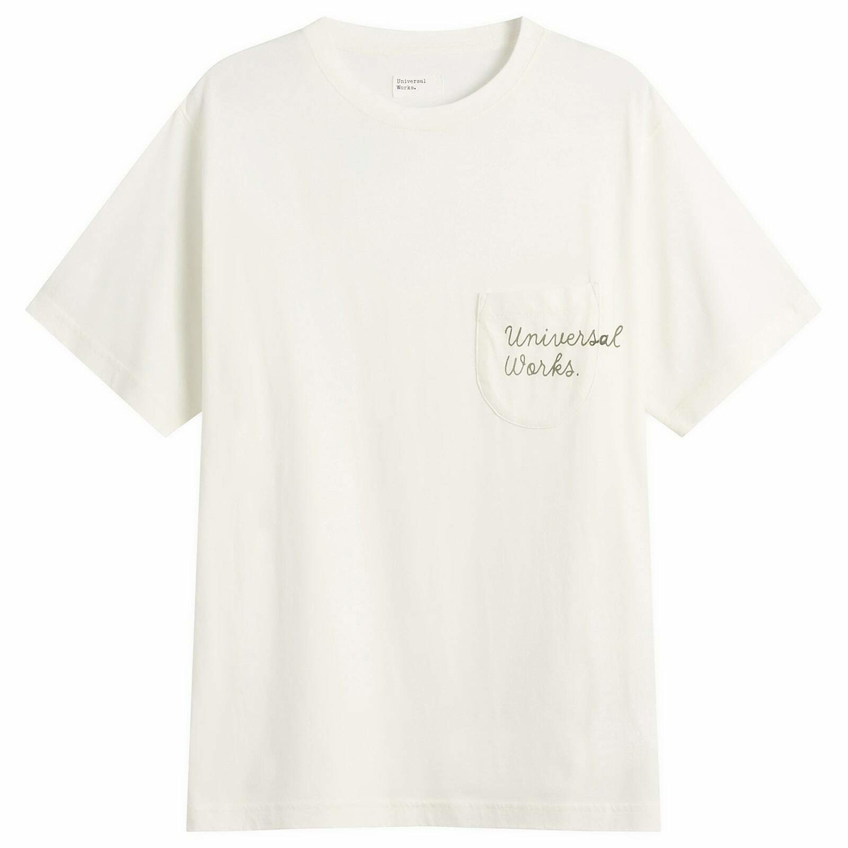 Universal Works Men's Script Logo Pocket T-shirt in Ecru