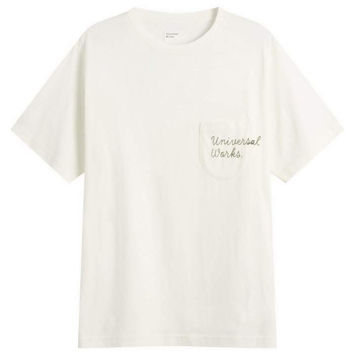 Photo: Universal Works Men's Script Logo Pocket T-shirt in Ecru