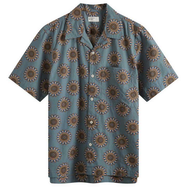 Photo: Universal Works Men's Regal Print Camp Shirt in Smoke Blue