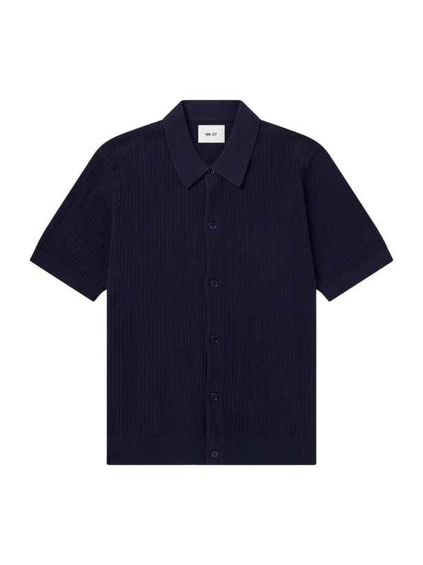 Photo: NN07 - Nolan 6695 Textured-Knit Organic Cotton Shirt - Blue