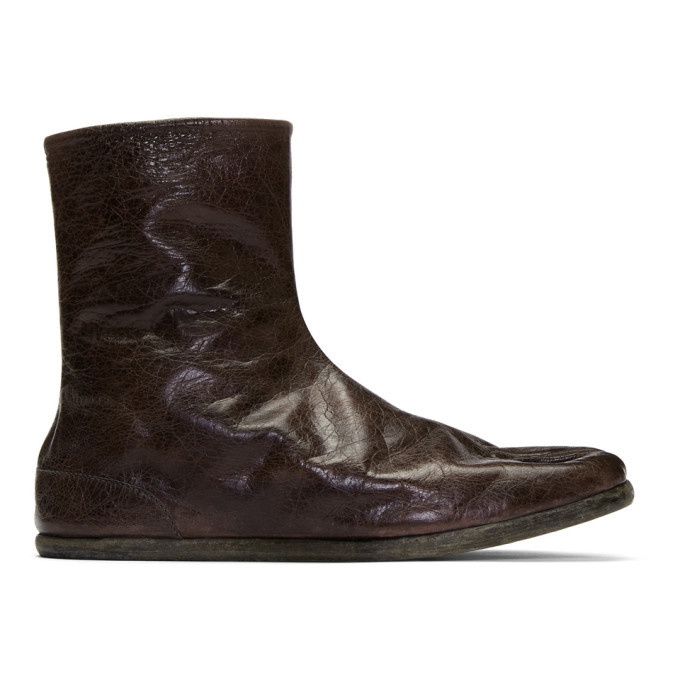 Photo: Maison Margiela Burgundy Tabi Flat Ankle Boots