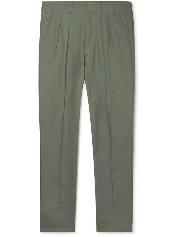 Photo: TOM FORD - Tapered Pleated Silk, Linen and Wool-Blend Trousers - Green