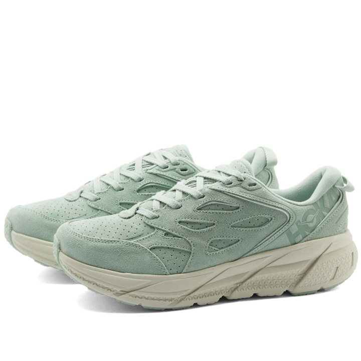 Photo: Hoka One One Men's U Clifton L Suede Sneakers in Smoke Green/Celadon Tint