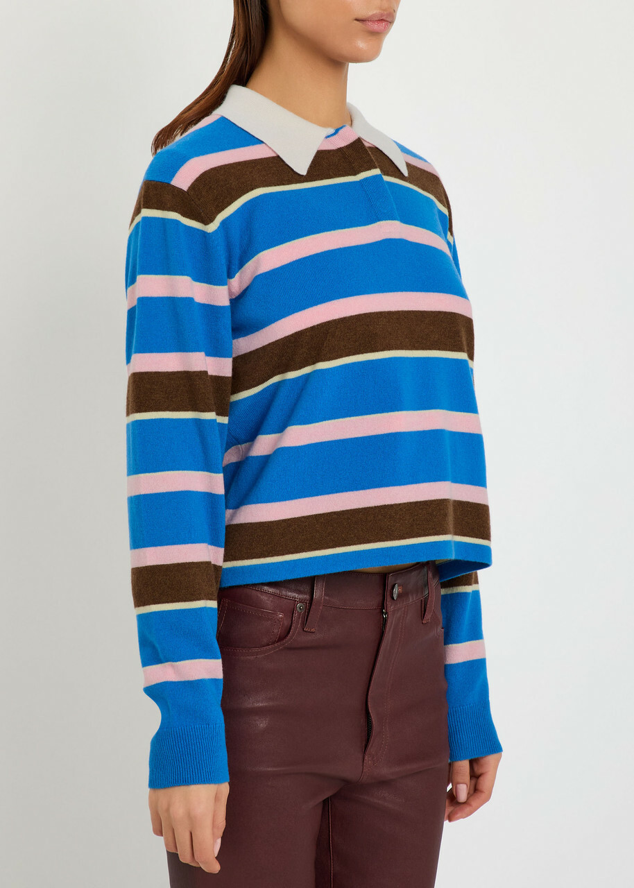 Guest In Residence Cropped Stripe Rugby Cashmere Polo Shirt Blue