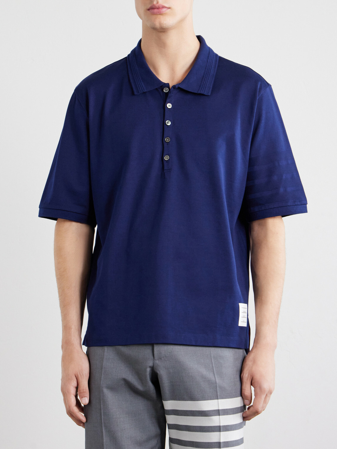 Thom Browne - Striped Logo-Appliqué Cotton-Jersey Polo Shirt - Blue