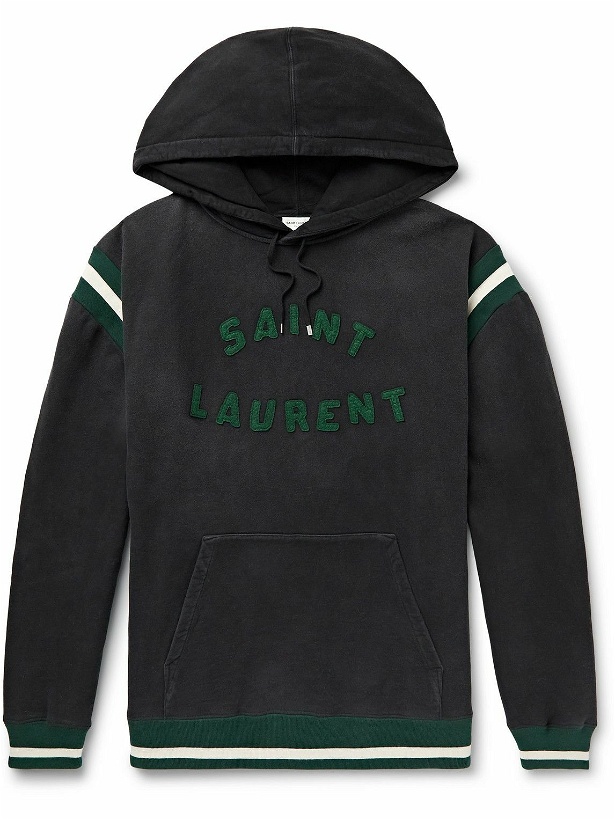 Photo: SAINT LAURENT - Logo-Appliquéd Striped Cotton-Jersey Hoodie - Black
