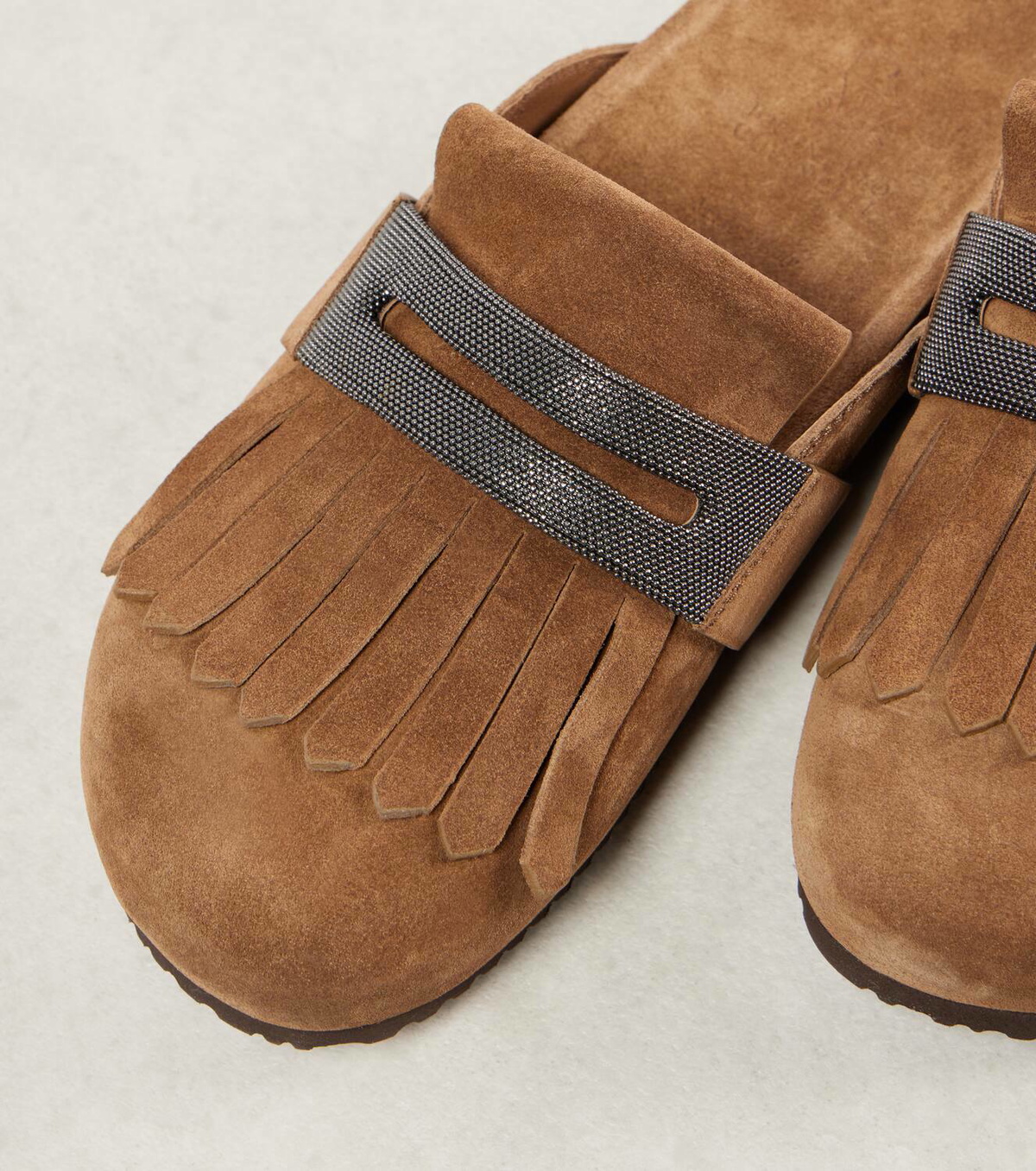 Brunello Cucinelli Fringed suede slippers