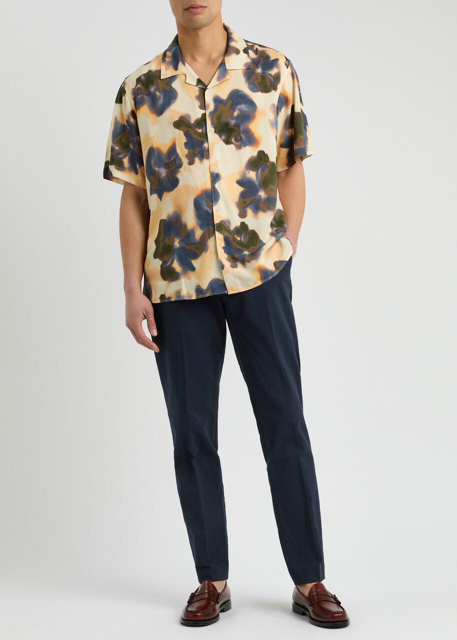 Wax London Alp Straight-leg Seersucker Trousers Navy