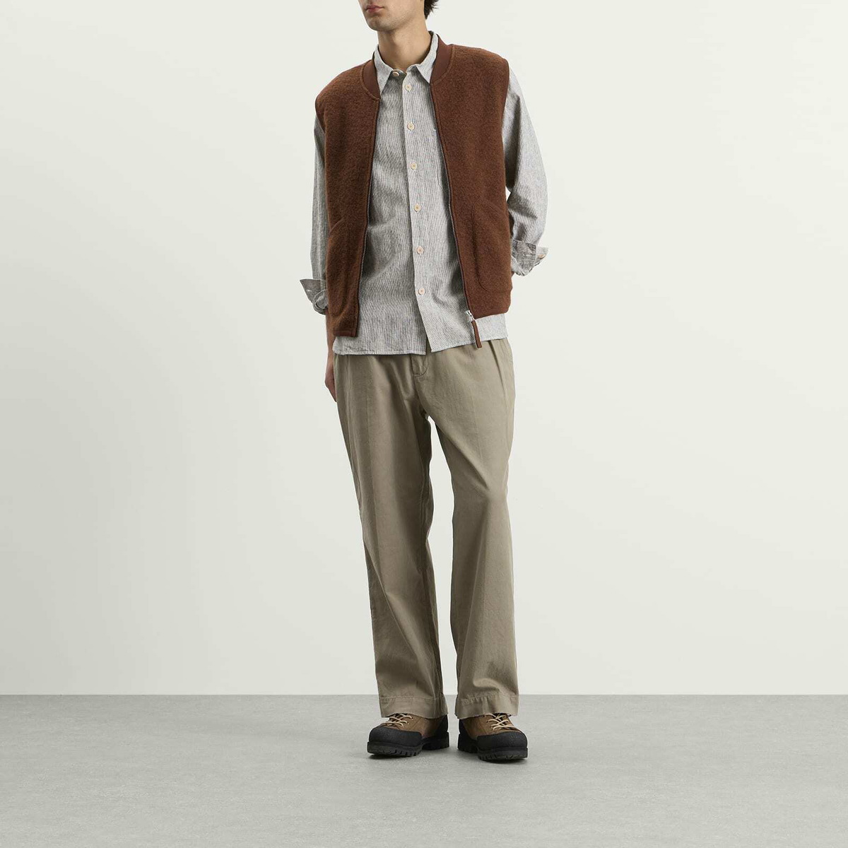 Universal Works Men's Wool Fleece Zip Waistcoat in Cacao