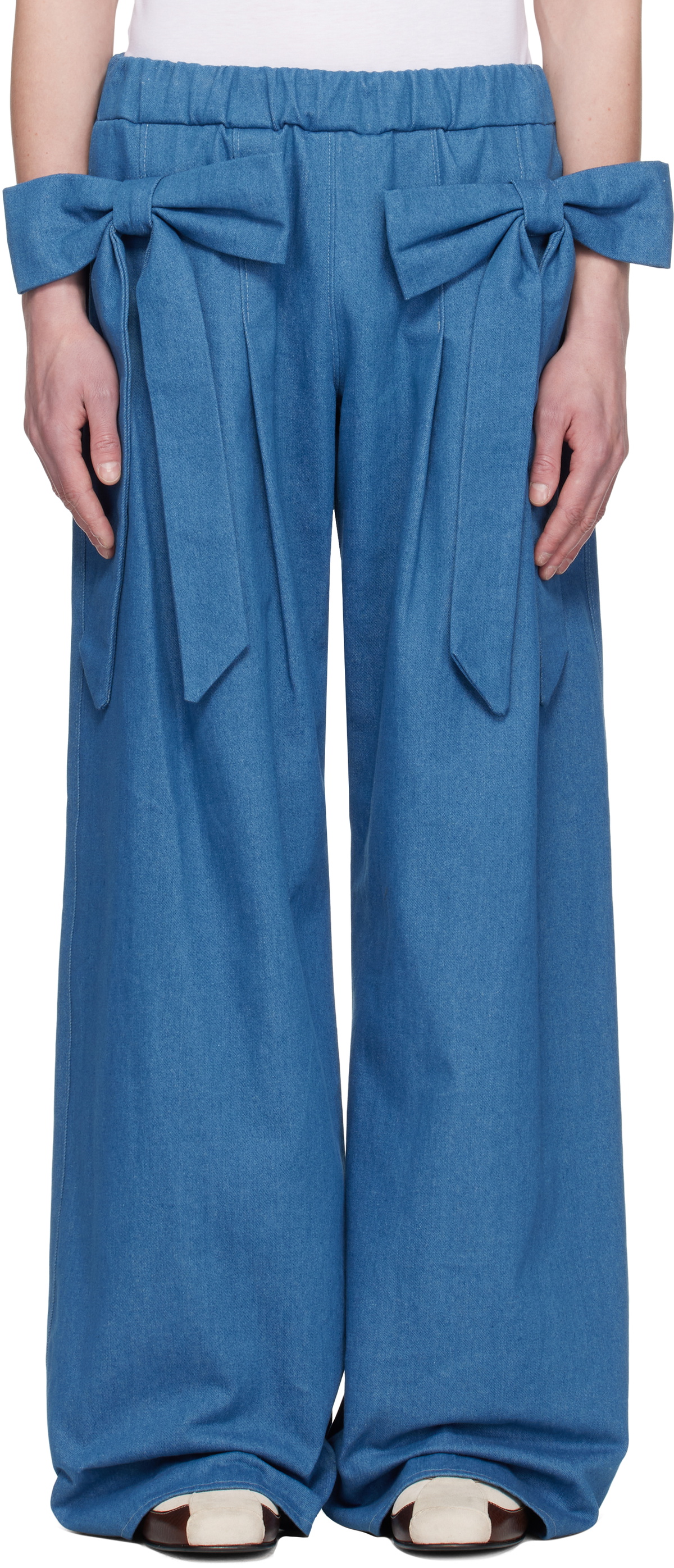 ANDREJ GRONAU Blue Bow Ribbon Denim Sweatpants