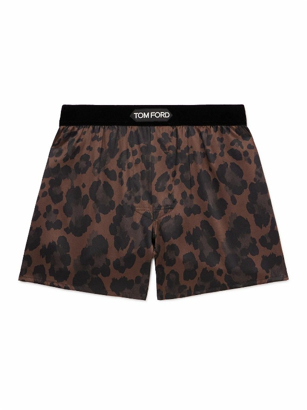 Photo: TOM FORD - Velvet-Trimmed Leopard-Print Silk-Satin Boxer Shorts - Brown