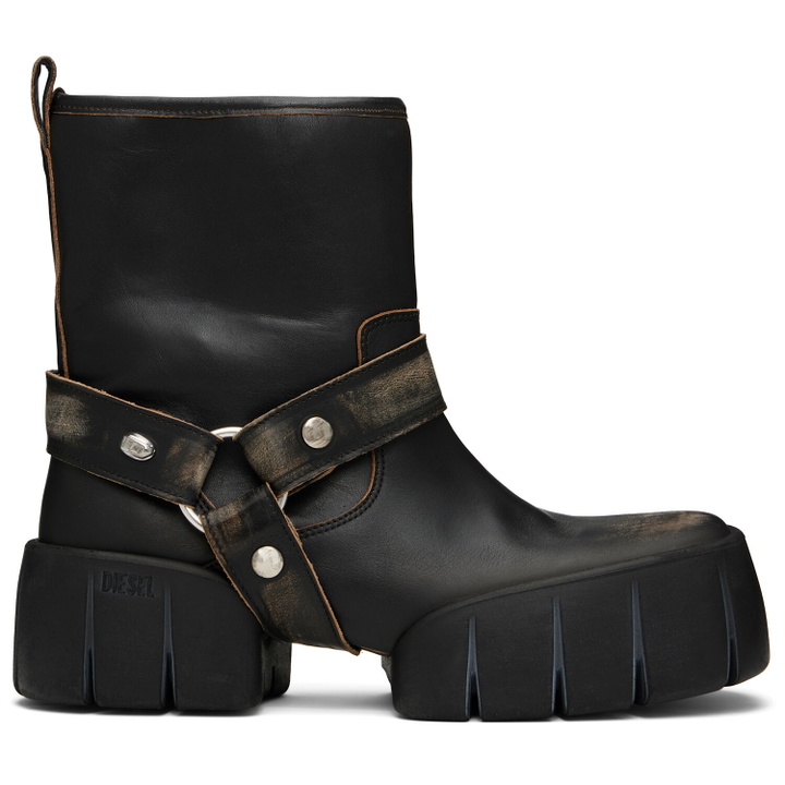 Photo: Diesel Black D-Tex Distressed Leather Biker Boots