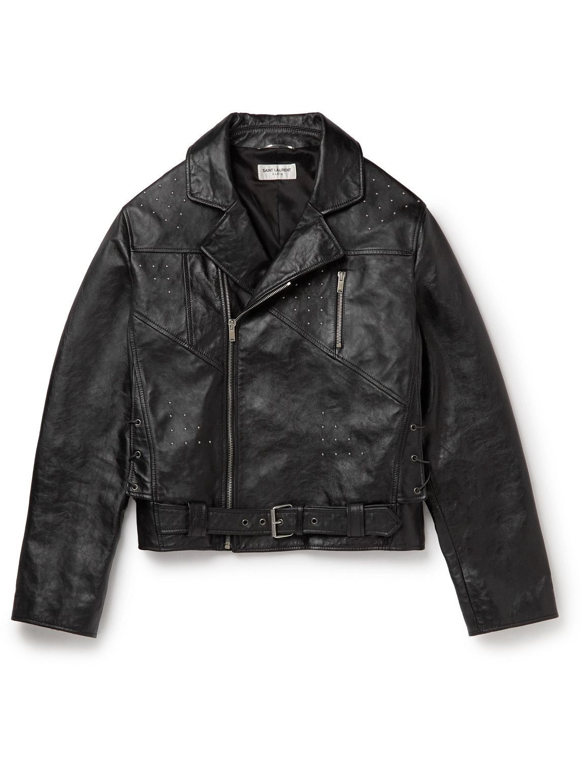 Photo: SAINT LAURENT - Cropped Embellished Leather Biker Jacket - Black