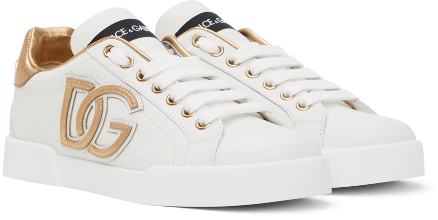 Dolce & Gabbana White & Gold Portofino Low Sneakers