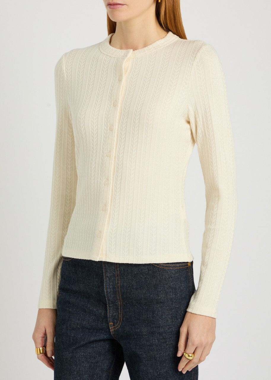 Veronica Beard Lira Pointelle Stretch-knit Cardigan Ecru