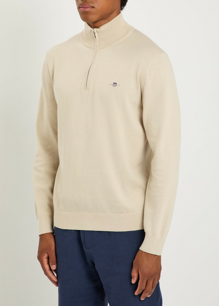 Gant Logo-embroidered Quarter-zip Cotton Jumper Beige