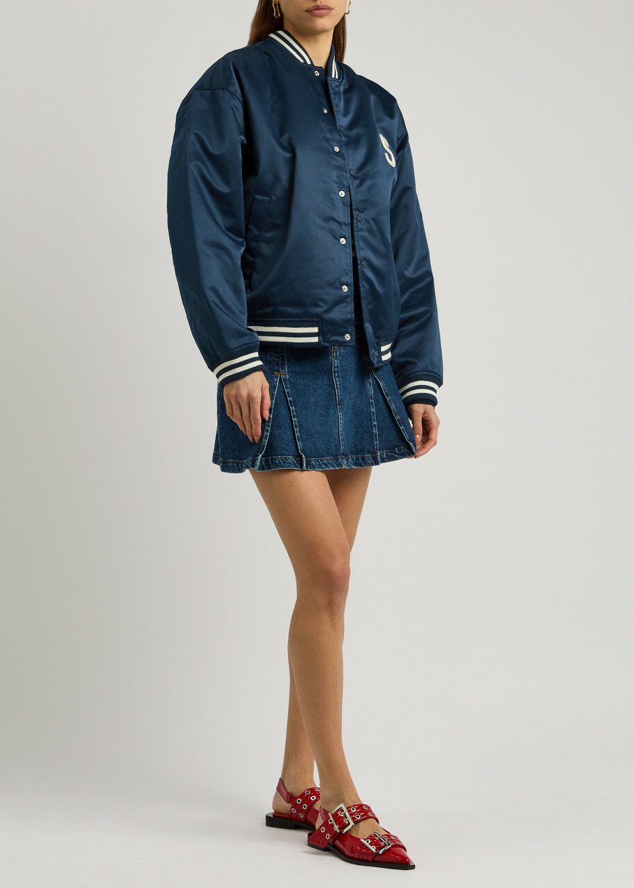 House OF Sunny Satin Club Logo-appliquéd Satin Bomber Jacket Navy