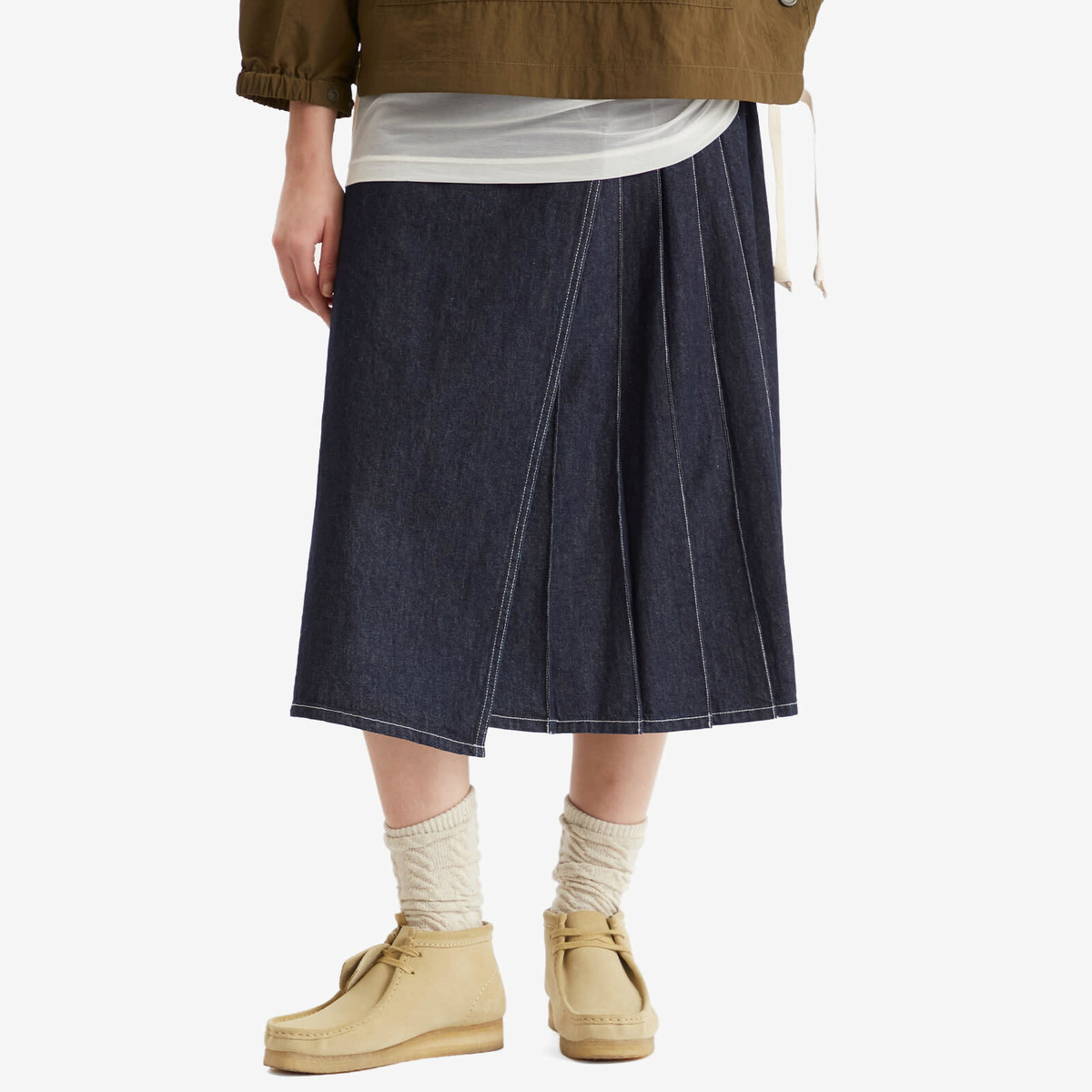 Beams Boy Women's Denim Wrap Pleated Skirt in Indigo