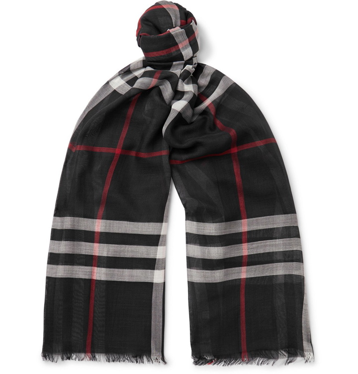 Photo: BURBERRY - Fringed Checked Wool and Silk-Blend Scarf - Blue