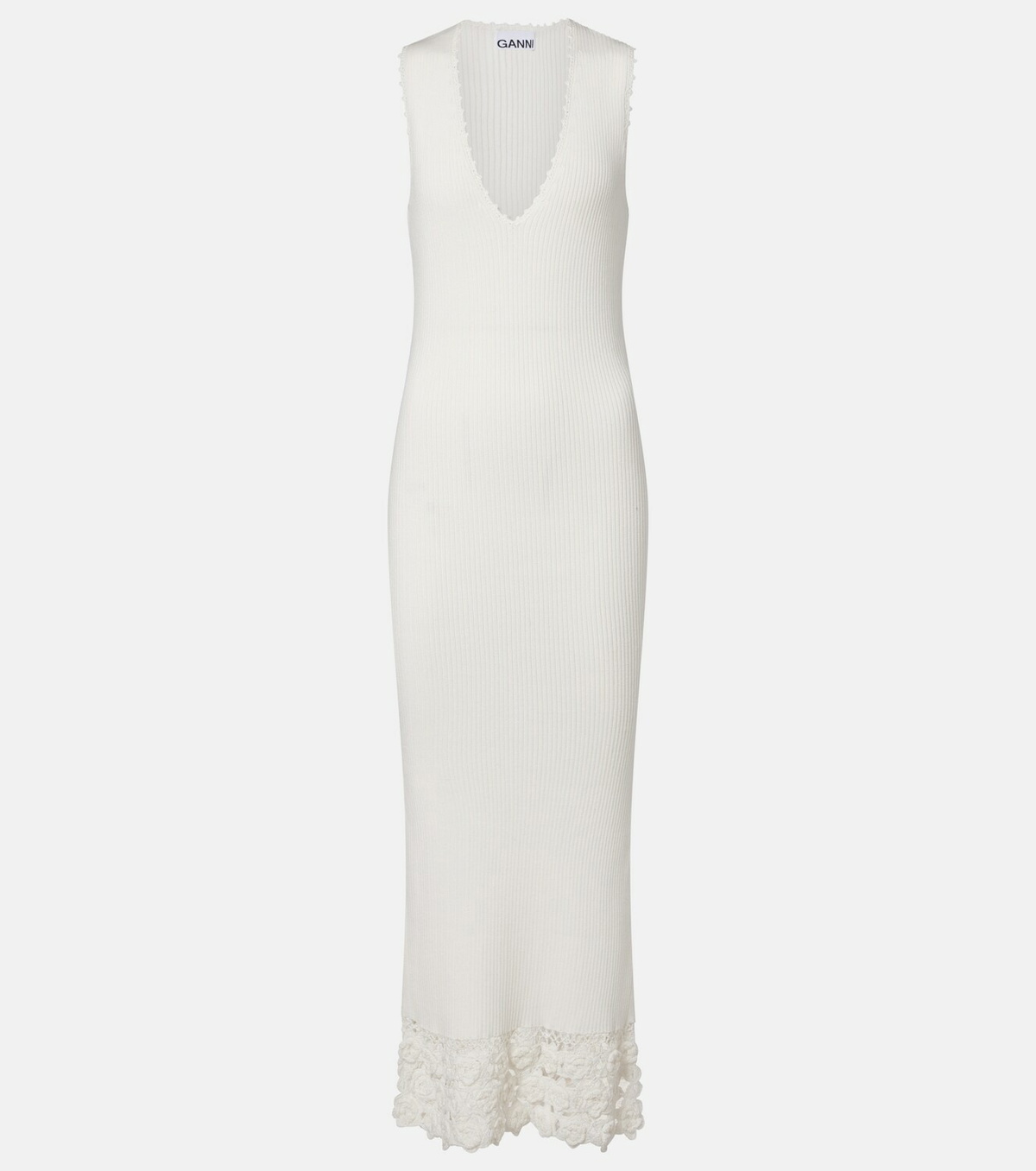 Ganni Crochet-trimmed ribbed cotton-blend midi dress