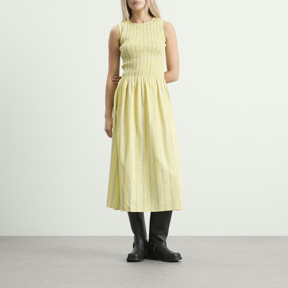 House Of Sunny Women's Striped Ruched Mesh Dress in Butter