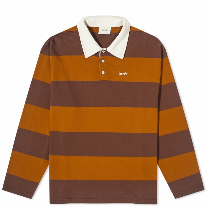 Photo: Foret Men's Match Block Stripe Rugby Shirt in Deep Brown/Brown