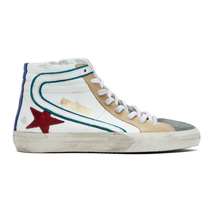 Photo: Golden Goose White and Green Slide High-Top Sneakers