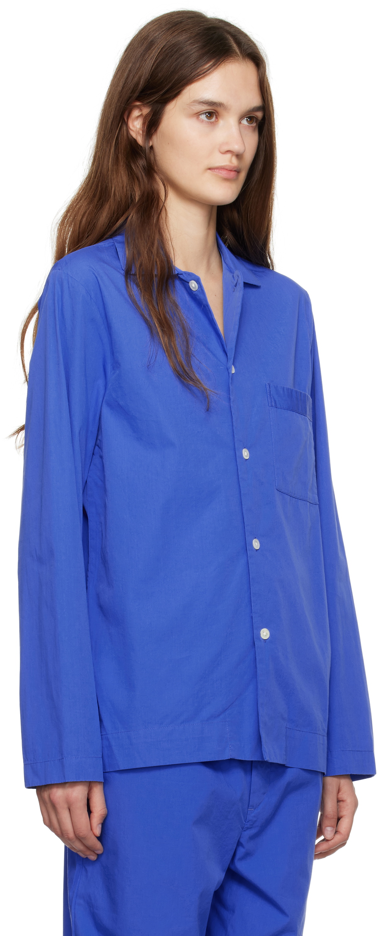 Tekla Blue Poplin Long-Sleeved Pyjama Shirt