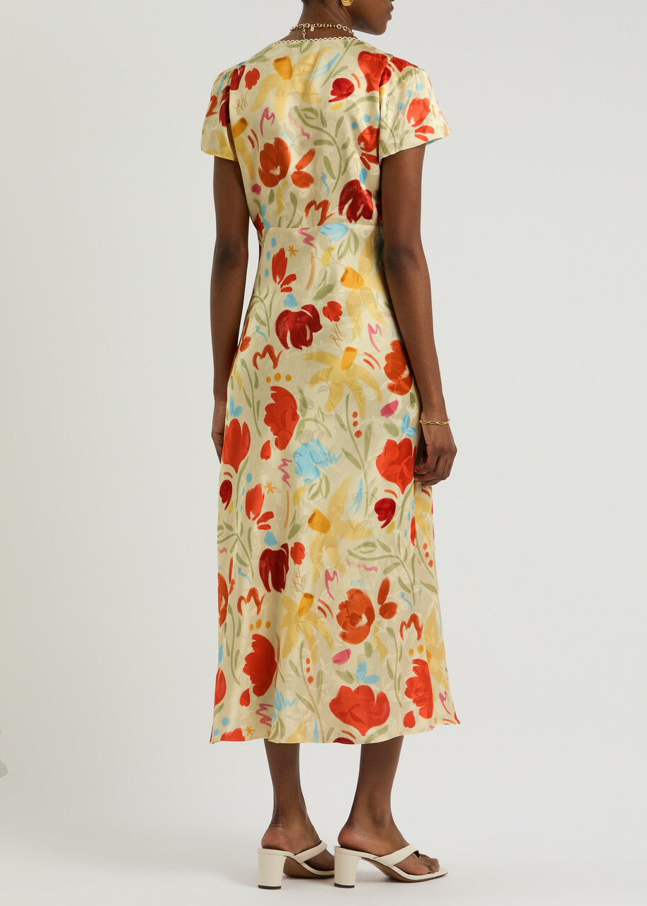 Kitri Effie Floral-print Satin Midi Dress Yellow