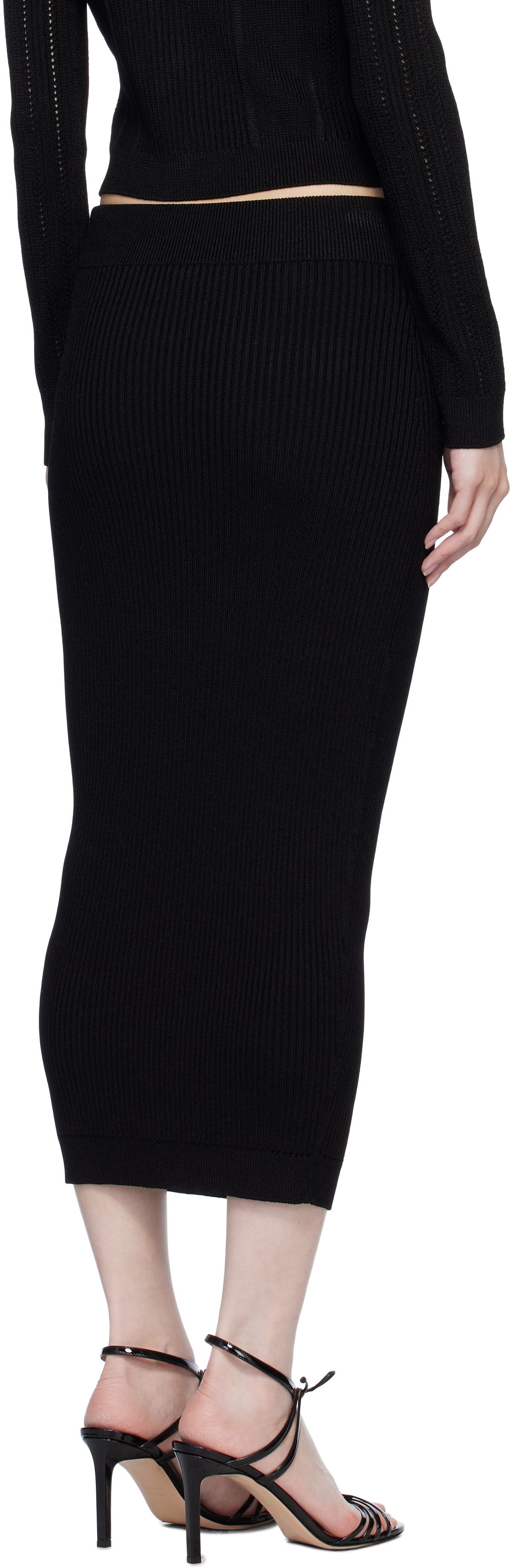 Balmain Black Plain Ribbed Knit Midi Skirt