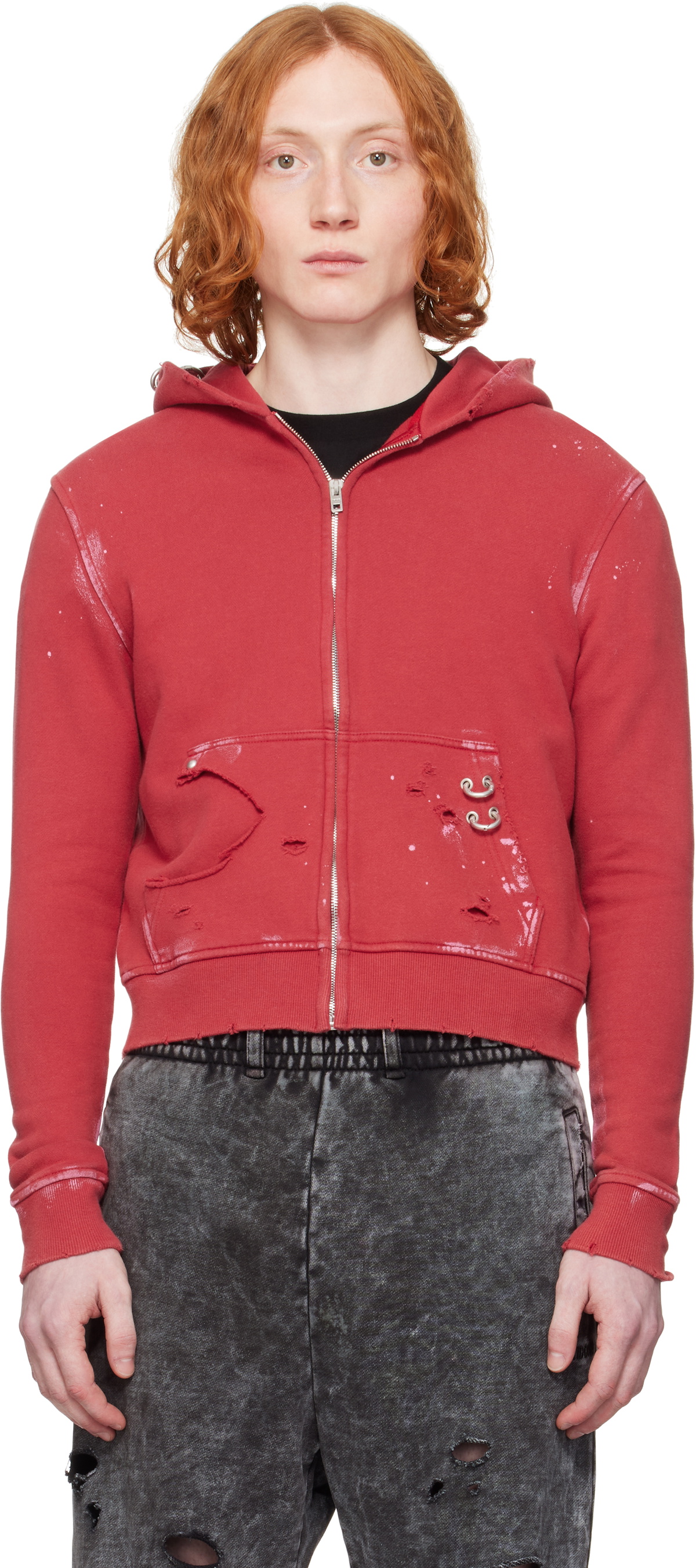 【WE11DONE】 Pierced Zip-Up Hoodie Red We11done Red Pierced Zip-Up Hoodie We11done