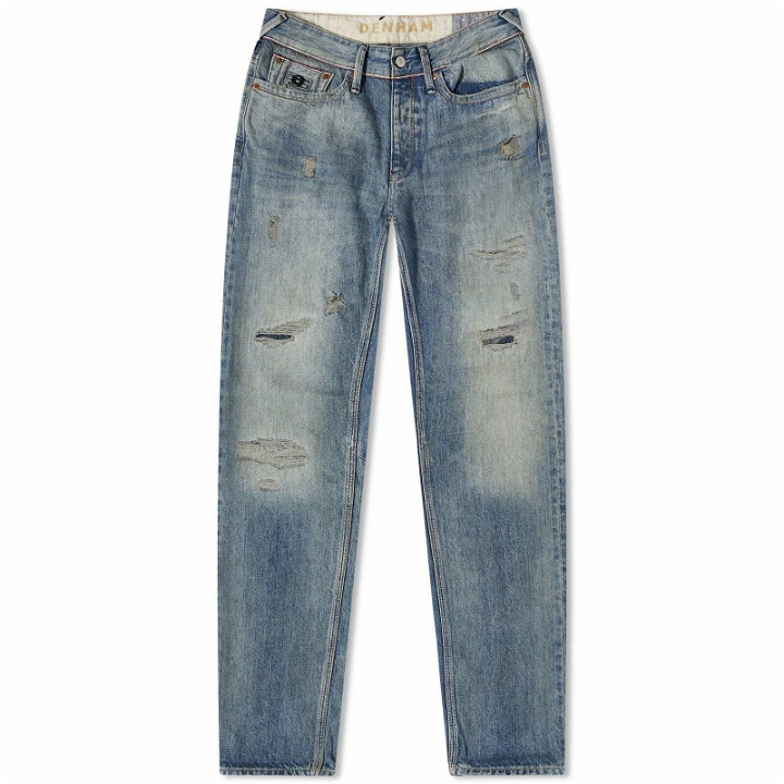 Photo: Denham Men's 15th Anniversary Cutter Straight Denim Jeans in Mid Blue Reborn Repair