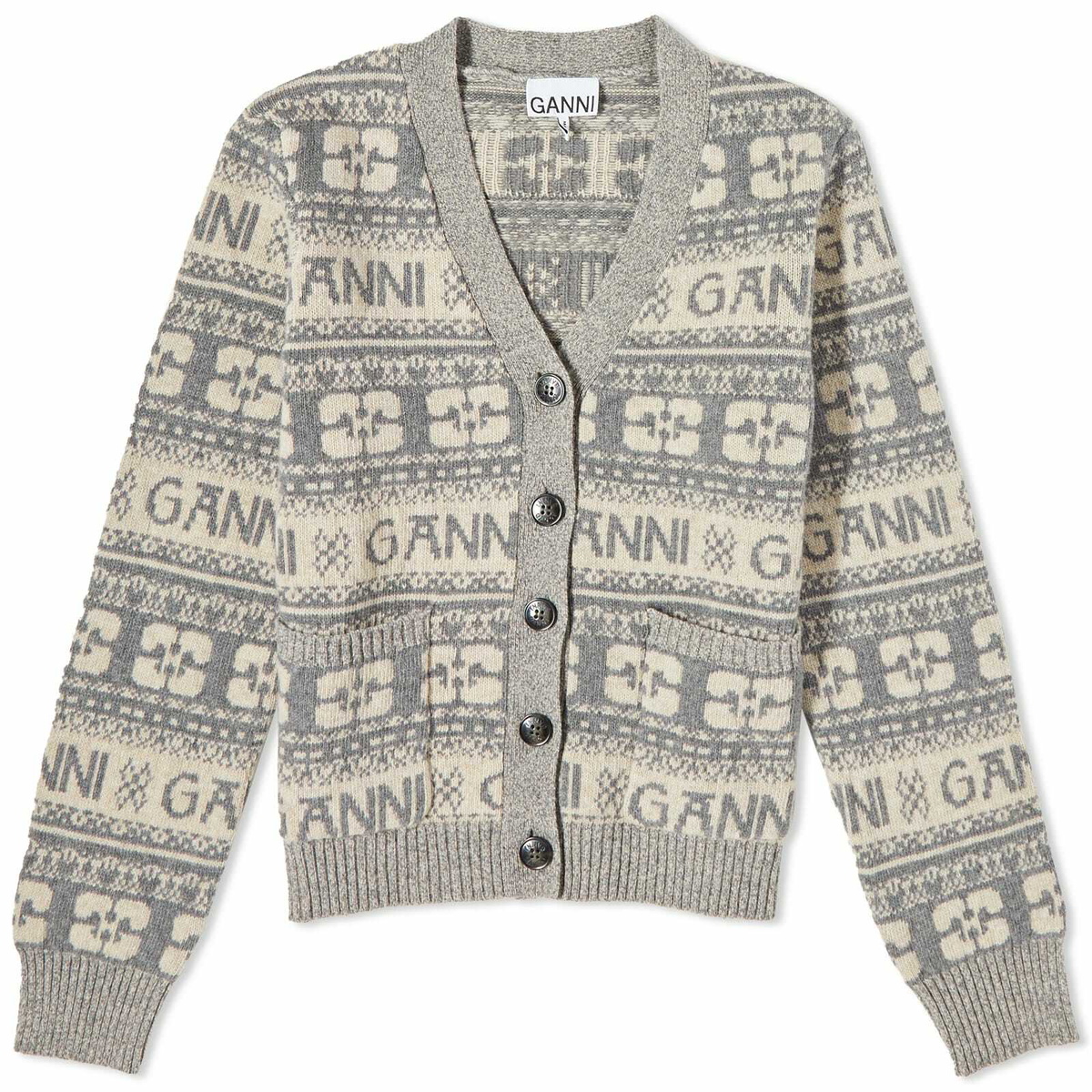 GANNI Women's Logo Wool Mix Cardigan in Frost Grey