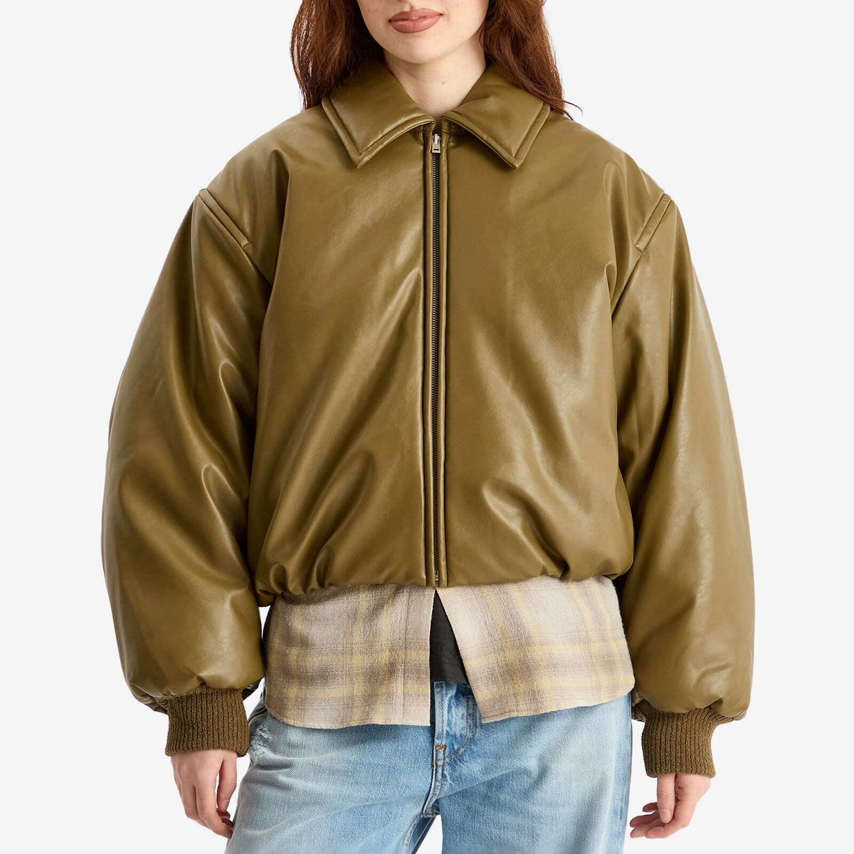Acne Studios Women's Onnea Faux Leather Bomber Jacket in Khaki Green