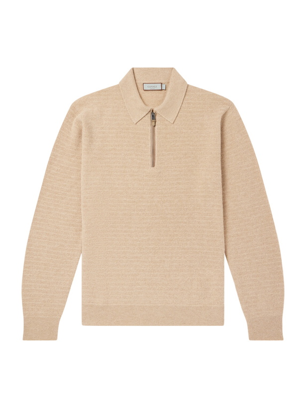 Photo: Canali - Mock-Rib Wool and Cashmere-Blend Half-Zip Polo Shirt - Neutrals
