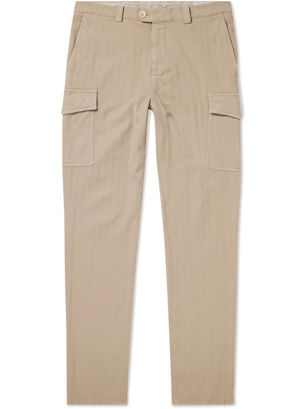 Photo: Brunello Cucinelli - Straight-Leg Herringbone Cotton-Blend Cargo Trousers - Brown