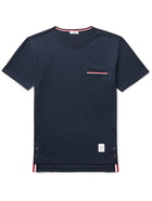 THOM BROWNE - Slim-Fit Grosgrain-Trimmed Cotton-Jersey T-Shirt - Blue