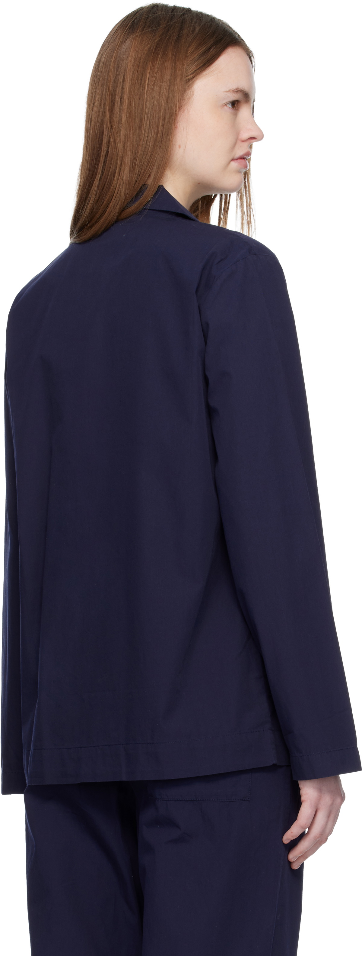 Tekla Navy Poplin Long-Sleeved Pyjama Shirt
