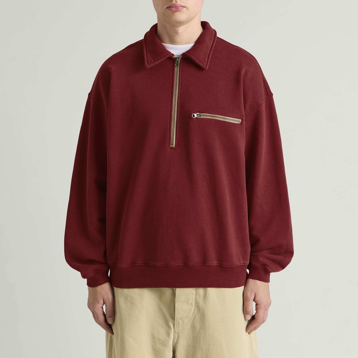FrizmWORKS Men's Vintage Dyeing Half Zip Sweat in Vintage Red