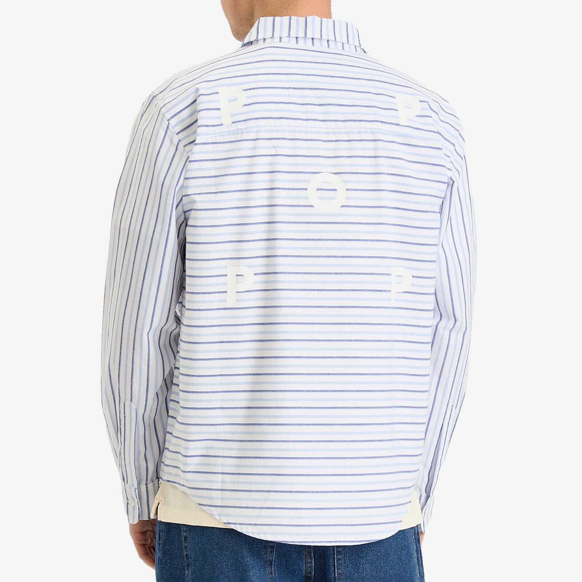 Pop Trading Company Men's Striped Logo Shirt in White/Blue Linen