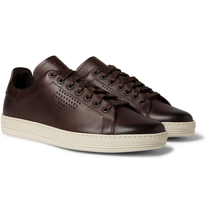 Photo: TOM FORD - Warwick Burnished-Leather Sneakers - Burgundy