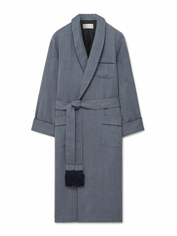 Photo: Derek Rose - Lincoln 11 Belted Herringbone Wool Robe - Blue