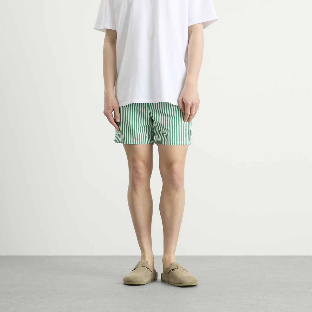 Calvin Klein Men's Medium Drawstring Swim Shorts in Penny Stripe/Mardi Gras Green