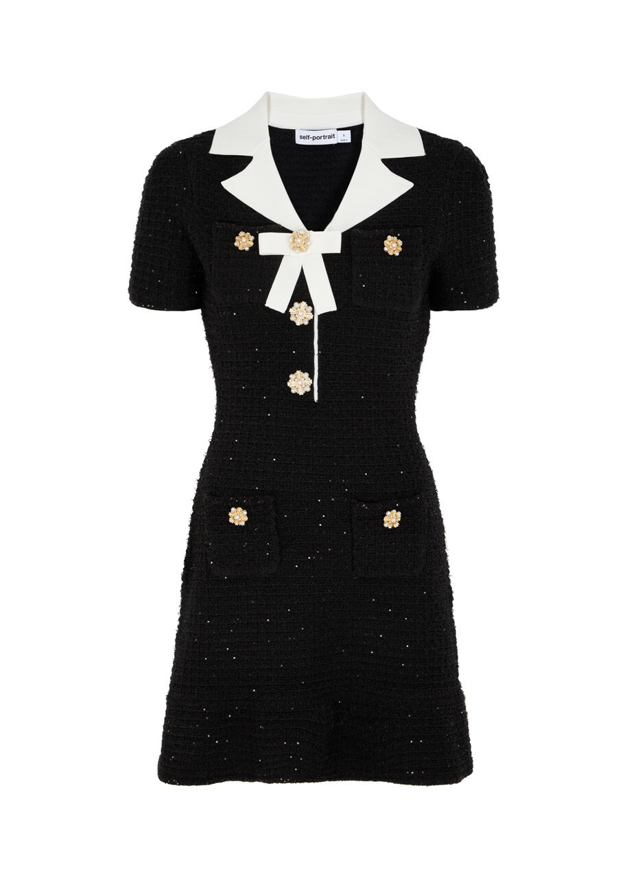 Self-portrait Sequin-embellished Waffle-knit Mini Dress Black Self-Portrait