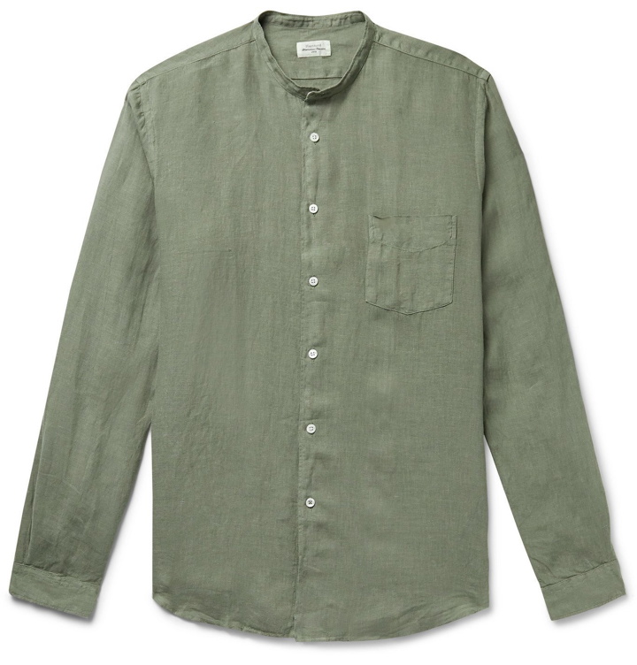 Photo: HARTFORD - Grandad-Collar Slub Linen Shirt - Green
