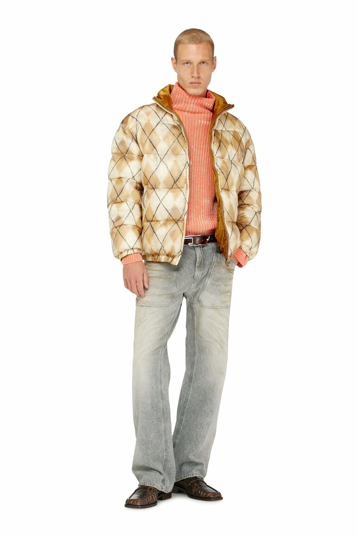 Diesel Reversible puffer jacket with argyle print - Winter Jackets Mens in Beige